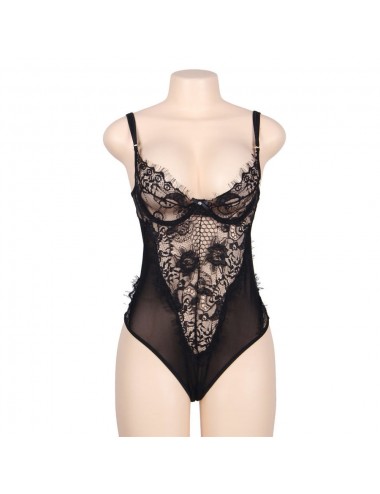 SUBBLIME QUEEN PLUS FLORAL LACE UND FRINGED BLACK TEDDY