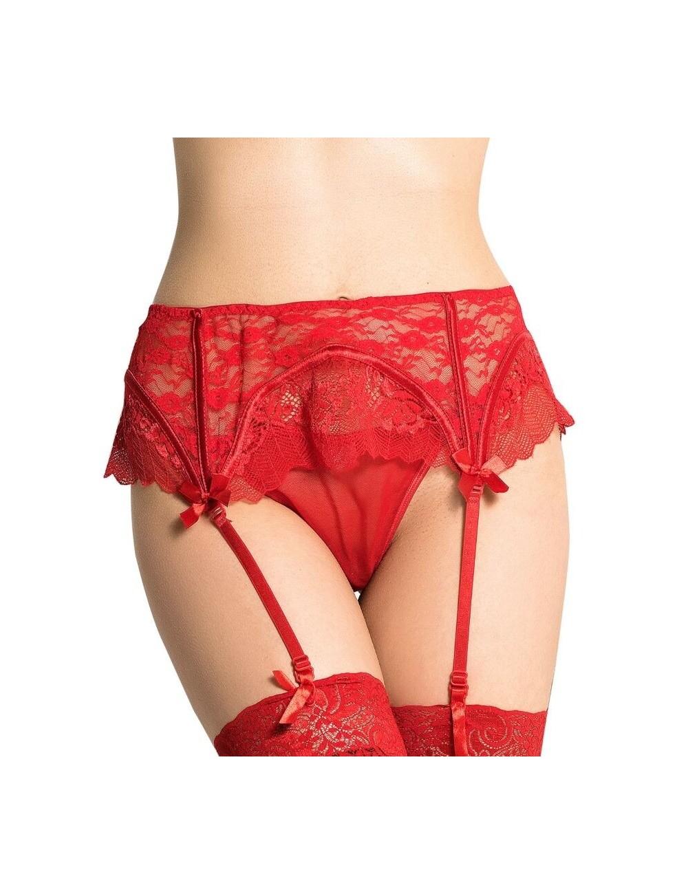 KÖNIGIN LINGERIE THONG MIT SPITZENGARTERGÜRTEL - ROT S / M.