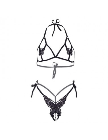 LEG AVENUE - ZWEITEILIGES SET BH UND HÖSCHE VON BUTTERFLIES & PEARLS, EINE GRÖSSE - SCHWARZ
