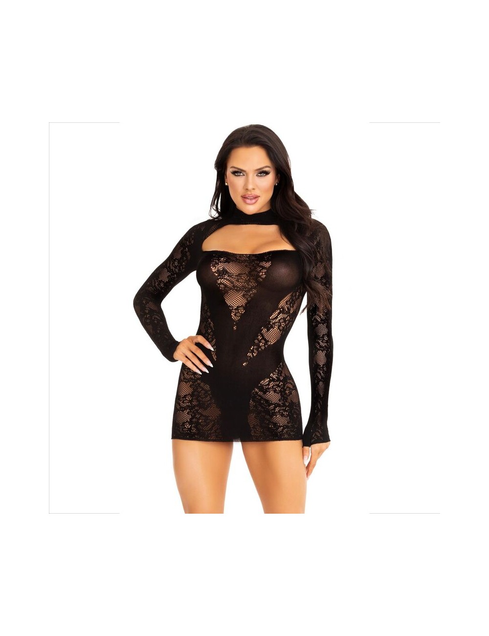 LEG AVENUE - MINIKLEID MIT SPITZE LANGARM SCHWARZ LEG AVENUE - MINIKLEID MIT SPITZE LANGARM SCHWARZ