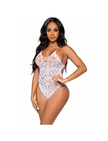 LEG AVENUE SEAMLESS SCROLL LACE TEDDY - WEISS