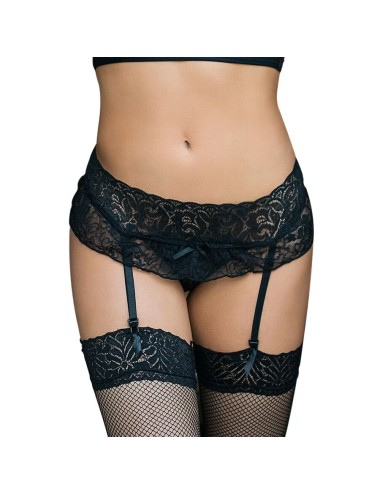 QUEEN LINGERIE - STRUMPFSTUMPF UND TANGA MIT BLUMENDESIGN SCHWARZ L/XL