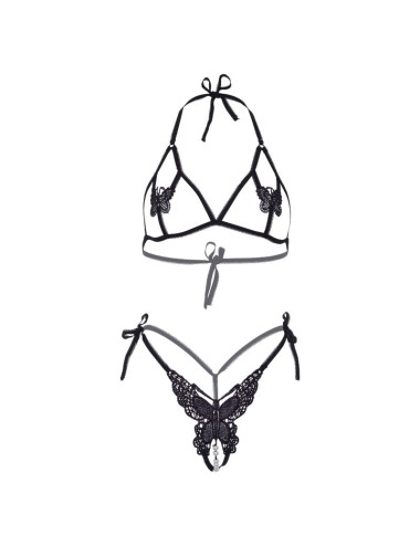 LEG AVENUE - ZWEITEILIGES SET BH UND HÖSCHE VON BUTTERFLIES & PEARLS, EINE GRÖSSE - SCHWARZ