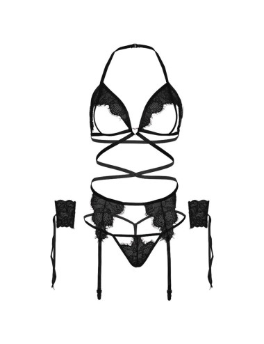 LEG AVENUE - VIERTEILIGES SET BH, G-STRING, STRUMPFGÜRTEL UND HANDGELENKMANSCHETTEN, EINE GRÖSSE - SCHWARZ