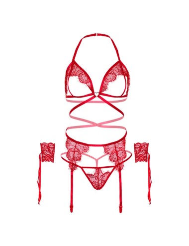 LEG AVENUE - VIERTEILIGES SET: BH, G-STRING, STRUMPFGÜRTEL UND HANDGELENK-MANSCHETTEN, EINE GRÖSSE - ROT