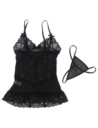 SUBBLIME - BABYDOLL MIT VERSTELLBAREN TRGERN UND TRANSPARENTER SPITZE MIT BLUMENDRUCK SCHWARZ L/XL
