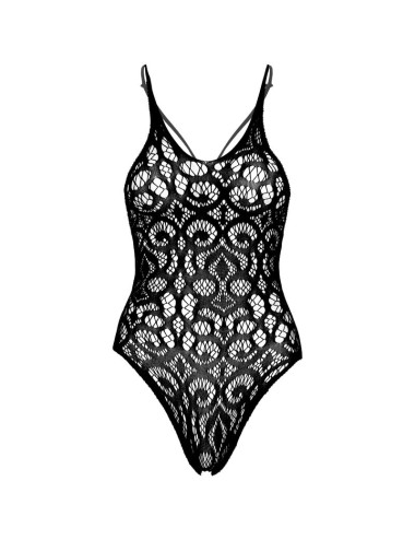 LEG AVENUE - SEAMLESS SCROLL LACE TEDDY - SCHWARZ