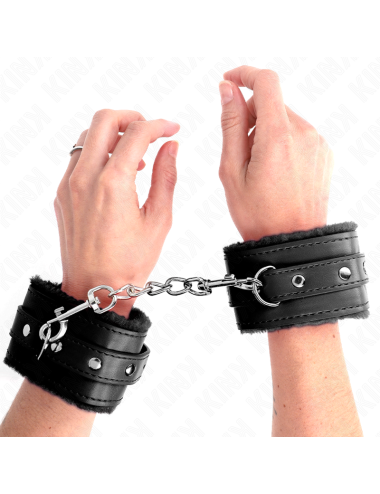 KINK - PREMIUM PELZGEFÜTTERTE HANDGELENKFESSELN SCHWARZ MIT SCHWARZEM GÜRTEL VERSTELLBAR 17-29 CM X 6 CM