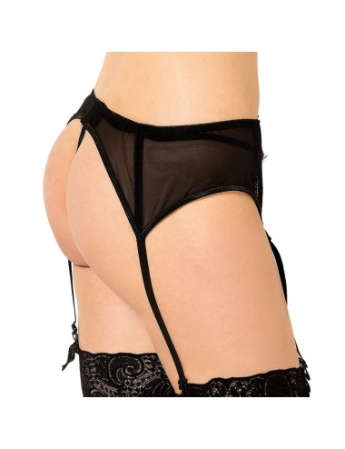 QUEEN LINGERIE - THONG MIT SPITZEN-STRUMPFGÜRTEL SCHWARZ L/XL