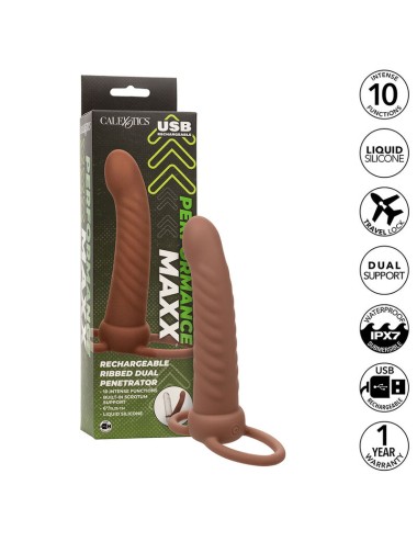 CALEXOTICS - MAXX RIBBED DOUBLE PÉNÉTRATEUR 10 VIBRATIONS MARRON