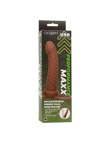 CALEXOTICS - MAXX RIBBED DOUBLE PÉNÉTRATEUR 10 VIBRATIONS MARRON