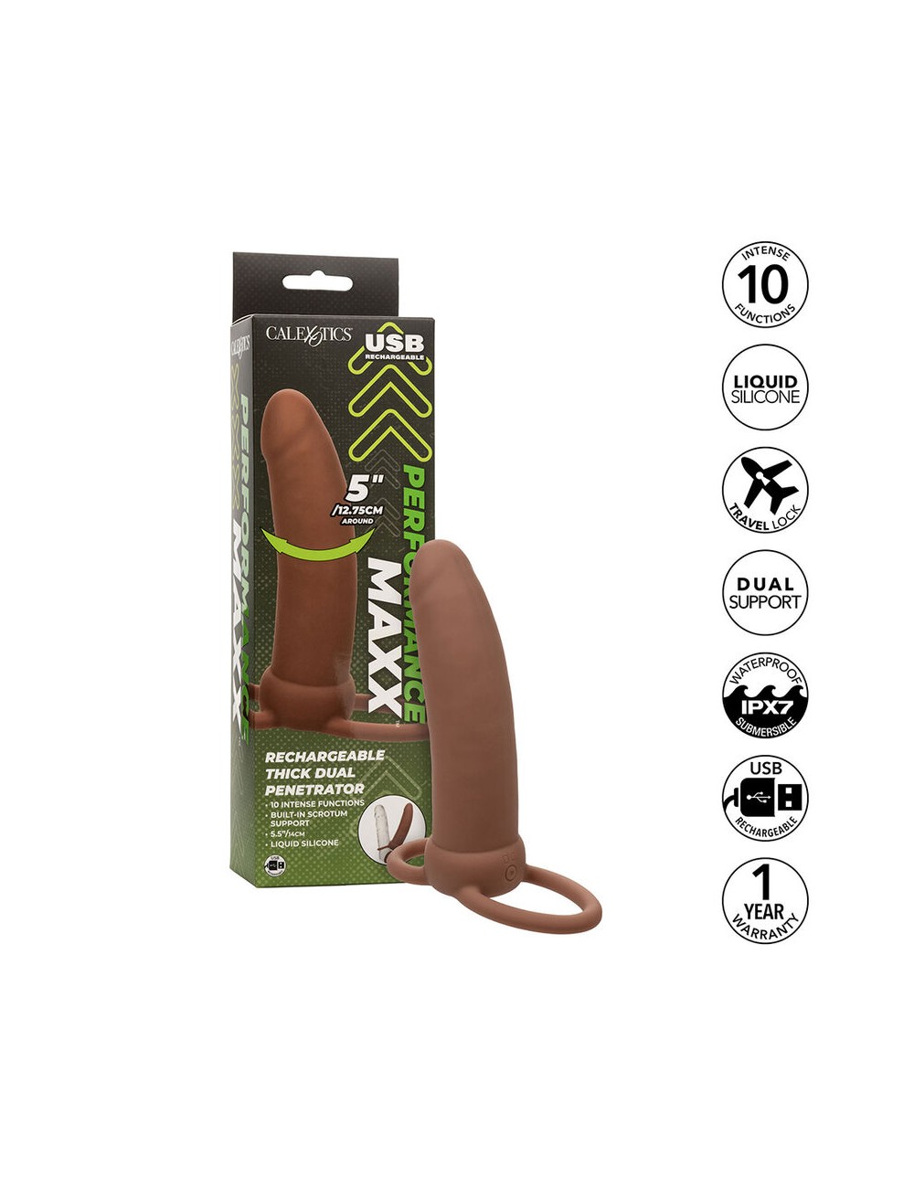 CALEXOTICS - MAXX THICK DOUBLE PÉNÉTRATEUR 10 VIBRATIONS MARRON