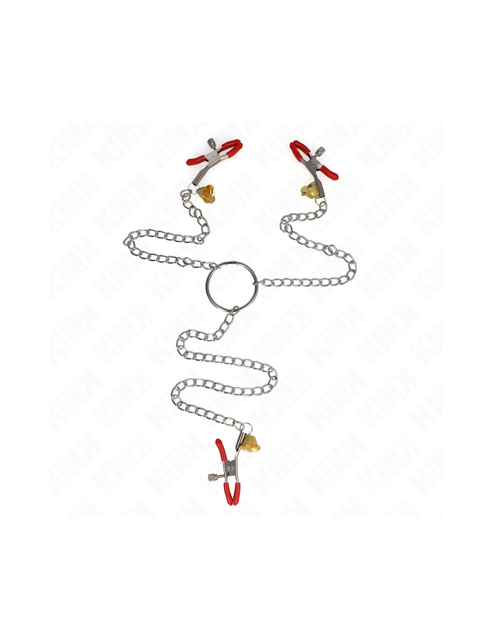 KINK - PINCES À TAMELON ET CLITO BELL TRIPLE ROUGE AVEC CHAINE 30 CM KINK - PINCES À TAMELON ET CLITO BELL TRIPLE ROUGE AVEC CHAINE 30 CM