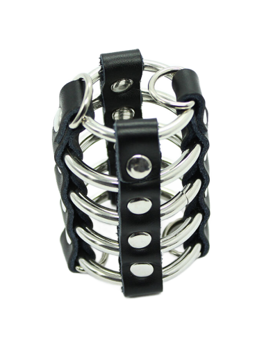 OHMAMA FETISH - CAGE  PÉNIS AVEC ANNEAUX MÉTALLIQUES ET SANGLE EN CUIR