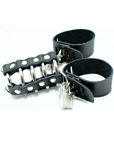 OHMAMA FETISH - CAGE  PÉNIS AVEC ANNEAUX MÉTALLIQUES ET SANGLE EN CUIR