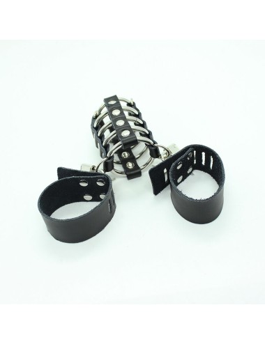 OHMAMA FETISH - CAGE  PÉNIS AVEC ANNEAUX MÉTALLIQUES ET SANGLE EN CUIR