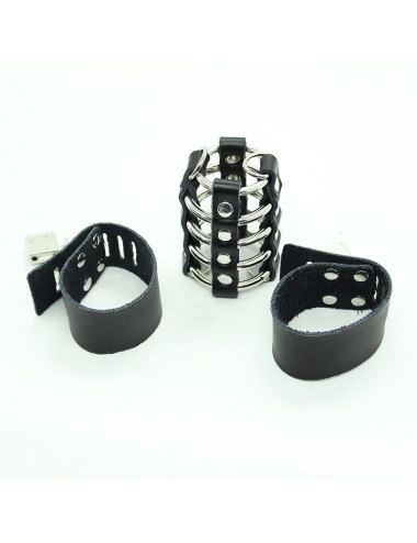 OHMAMA FETISH - CAGE  PÉNIS AVEC ANNEAUX MÉTALLIQUES ET SANGLE EN CUIR