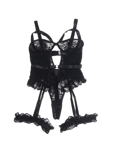 SUBBLIME - TEDDY AVEC JARRETIÈRE AVEC DÉTAIL DENTELLE ET BANDES NOIR L/XL