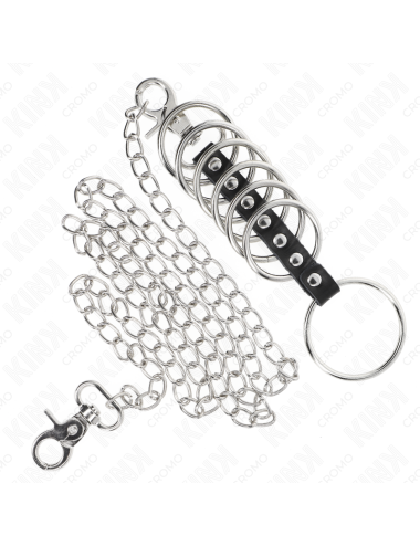 KINK - 7 PENISRINGE AUS METALL 3,8 CM BIS 5 CM VERBUNDEN MIT LEDER UND METALLKETTE 100 CM