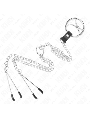 KINK - DREIFACH CHROM METALL PENISRING 3 CM BIS 4,5 CM MIT 26 CM METALLKETTE UND BRUSTKLAMMERN