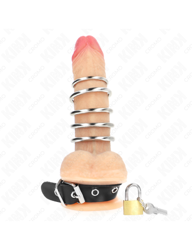 KINK - PENISRING AUS LEDER MIT VERSCHLUSSBAND 21 X 2 CM UND 5 METALLRINGEN VON 3 CM BIS 4 CM