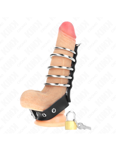 KINK - PENISRING AUS LEDER MIT VERSCHLUSSBAND 21 X 2 CM UND 5 METALLRINGEN VON 3 CM BIS 4 CM