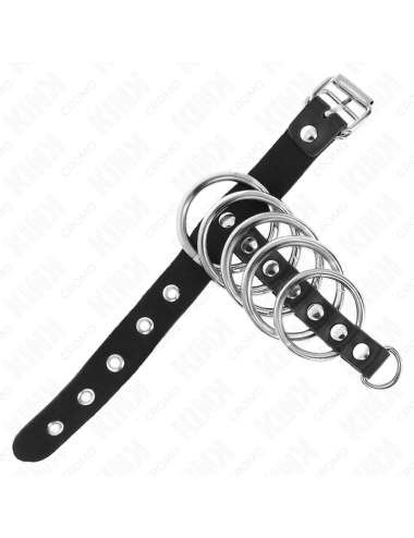 KINK - PENISRING AUS LEDER MIT VERSCHLUSSBAND 21 X 2 CM UND 5 METALLRINGEN VON 3 CM BIS 4 CM