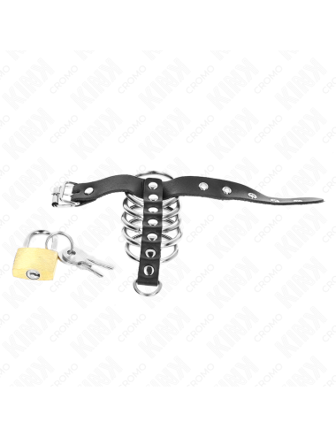 KINK - PENISRING AUS LEDER MIT VERSCHLUSSBAND 21 X 2 CM UND 5 METALLRINGEN VON 3 CM BIS 4 CM