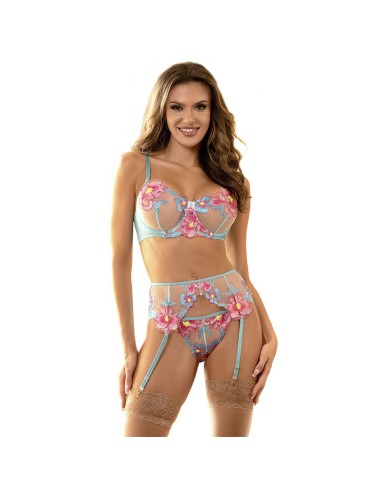SUBBLIME - 954109 BH + HÖSCHEN MIT STRUMPFGÜRTEL BLUMENDESIGN BLAU S/M