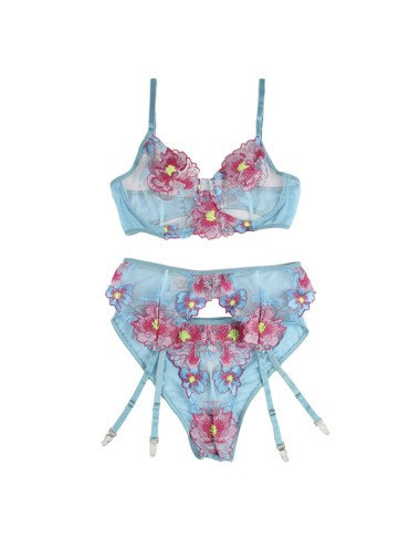 SUBBLIME - 954109 BH + HÖSCHEN MIT STRUMPFGÜRTEL BLUMENDESIGN BLAU S/M