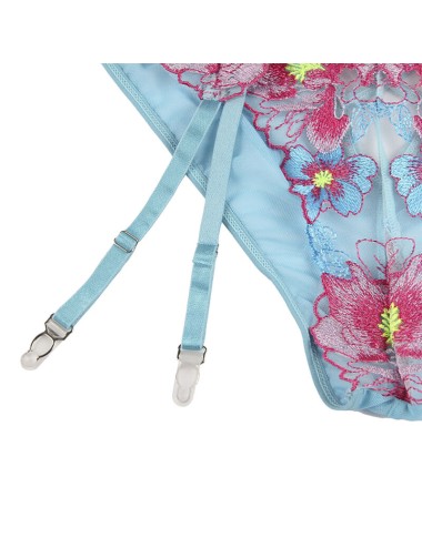 SUBBLIME - 954109 BH + HÖSCHEN MIT STRUMPFGÜRTEL BLUMENDESIGN BLAU S/M