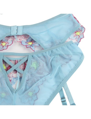 SUBBLIME - 954109 BH + HÖSCHEN MIT STRUMPFGÜRTEL BLUMENDESIGN BLAU S/M