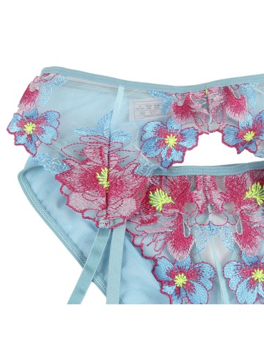 SUBBLIME - 954109 BH + HÖSCHEN MIT STRUMPFGÜRTEL BLUMENDESIGN BLAU S/M