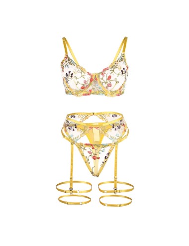 SUBBLIME - 954345 BH + STRING + STRUMPFGÜRTEL BLUMENDESIGN GELB S/M