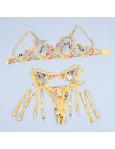 SUBBLIME - 954345 BH + STRING + STRUMPFGÜRTEL BLUMENDESIGN GELB S/M