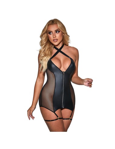 SUBBLIME - 954444 SEXY MESH KLEID LEDER SCHWARZ S/M