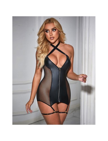 SUBBLIME - 954444 SEXY MESH KLEID LEDER SCHWARZ S/M