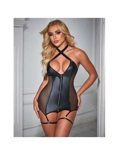 SUBBLIME - 954444 SEXY MESH KLEID LEDER SCHWARZ S/M