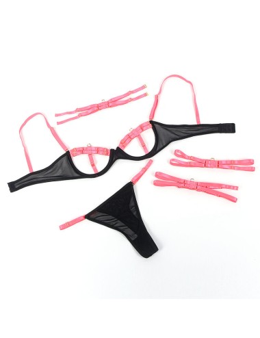 SUBBLIME - 955298 BH-SET MIT HALSKETTE UND BEINDETAILS FLUORESZIERENDES ROSA S/M