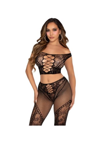 LEG AVENUE - CROP TOP UND NETZLEGGING MIT FREIEN SCHULTERN SCHWARZ