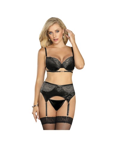 SUBBLIME - 3-TEILIGES SET BH + STRING + STRUMPFBAND AUS SPITZE SCHWARZ L/XL