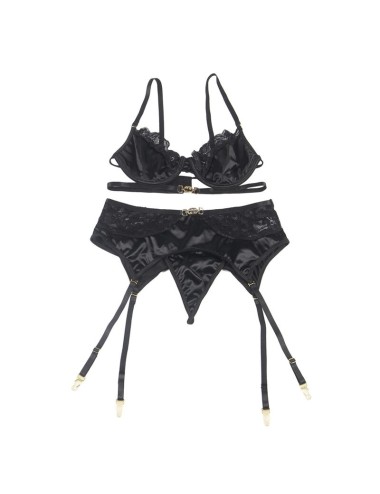 SUBBLIME - 3-TEILIGES SET BH + STRING + STRUMPFBAND AUS SPITZE SCHWARZ L/XL