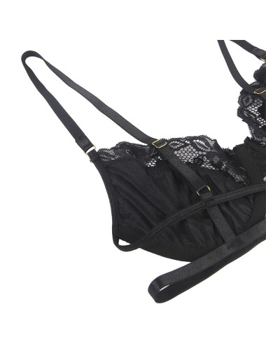 SUBBLIME - 3-TEILIGES SET BH + STRING + STRUMPFBAND AUS SPITZE SCHWARZ L/XL