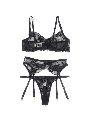 SUBBLIME - 945244 BH + HÖSCHEN MIT STRUMPFGÜRTEL BLUMENDESIGN SCHWARZ L/XL