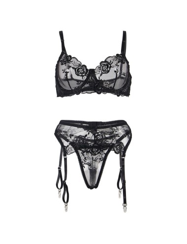 SUBBLIME - 945244 BH + HÖSCHEN MIT STRUMPFGÜRTEL BLUMENDESIGN SCHWARZ L/XL