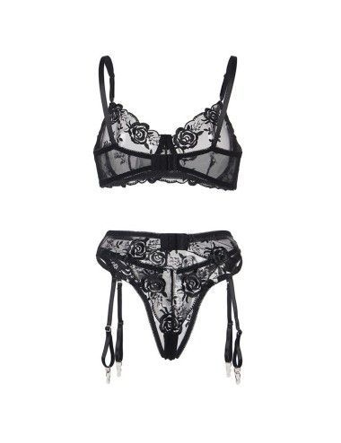 SUBBLIME - 945244 BH + HÖSCHEN MIT STRUMPFGÜRTEL BLUMENDESIGN SCHWARZ L/XL