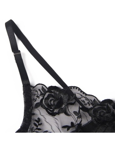 SUBBLIME - 945244 BH + HÖSCHEN MIT STRUMPFGÜRTEL BLUMENDESIGN SCHWARZ L/XL