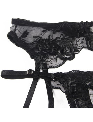 SUBBLIME - 945244 BH + HÖSCHEN MIT STRUMPFGÜRTEL BLUMENDESIGN SCHWARZ L/XL