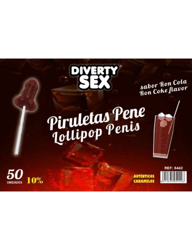 DIABLO GOLOSO – 50 PENIS-LOLLIPOPS RON-COLA-GESCHMACK 10 % ALKOHOL