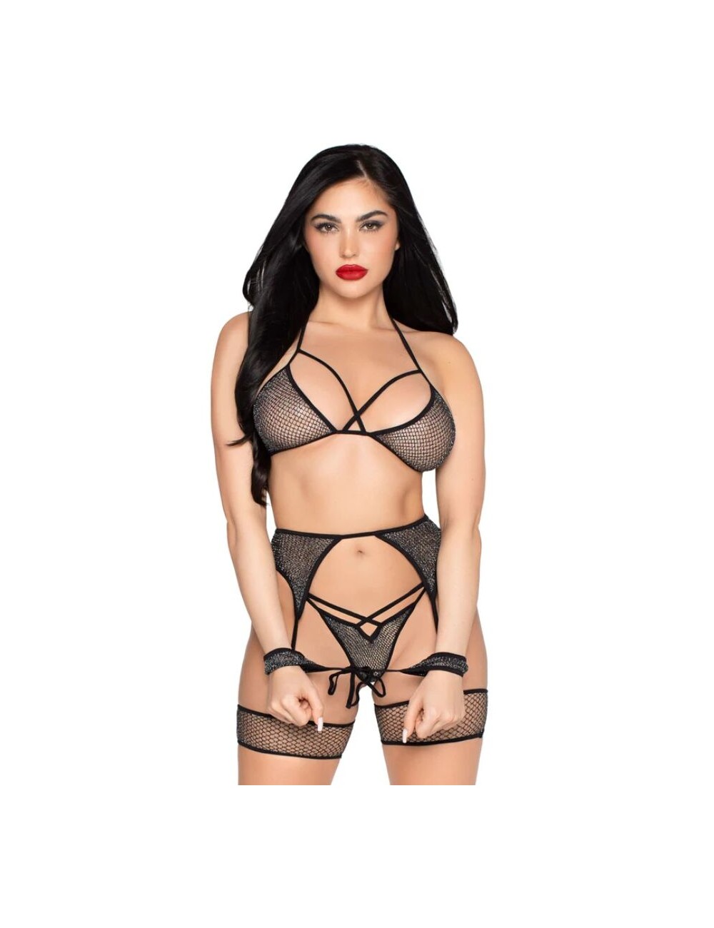LEG AVENUE - 89362 TOP + STRING + STRUMPFGÜRTEL + HANDSCHELLEN SET SCHWARZ - EINE GRÖSSE